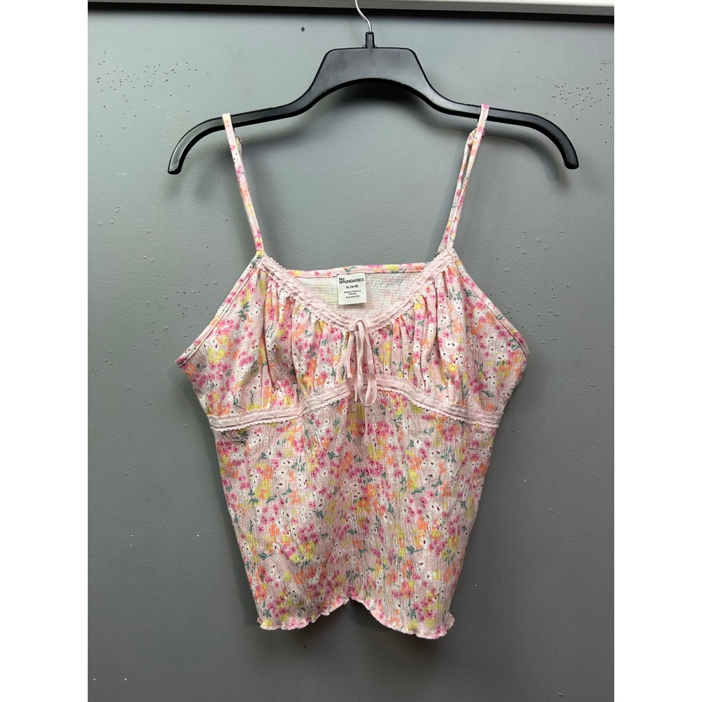 No Boundaries Camisole Womens XL Pink Floral Lace Trim Cottagecore Pointelle Top